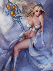 Rule 34 | 1girl, bandeau, blonde hair, breasts, bustier, closed eyes, elbow gloves, gloves, janna (league of legends), large breasts, league of legends, long hair, navel, pointy ears, revealing clothes, shin guards, shurakrgt, solo, staff, swept bangs, tagme, watermark, web address, white gloves