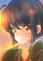 Rule 34 | 1girl, ahoge, black hair, blurry, bokeh, canteen, depth of field, eyelashes, from side, hand up, happy, imperial japanese army, looking at viewer, looking to the side, m tap, military, military uniform, original, portrait, short hair, smile, soldier, solo, sunset, uniform, world war ii
