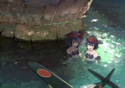 Rule 34 | 10s, 2girls, aircraft, airplane, annin musou, asymmetrical hair, bad id, bad twitter id, black hair, brown eyes, c6n saiun, from above, hair between eyes, hat, headphones, i-13 (kancolle), i-14 (kancolle), in water, kantai collection, multiple girls, open mouth, rock, sailor collar, scenery, school swimsuit, short hair, siblings, sisters, swimsuit