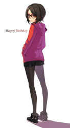 Rule 34 | 1girl, black eyes, black hair, black pantyhose, fkey, glasses, hands in pockets, happy birthday, hood, original, pantyhose, pantyhose under shorts, shadow, short hair, shorts, simple background, smile, solo, white background