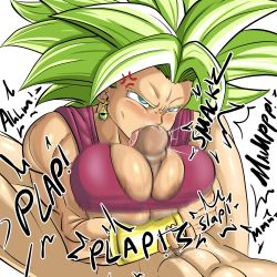 Rule 34 | 1boy, 1girl, absurdres, angry, areola slip, big hair, blue eyes, blush, breasts squeezed together, breasts, cleavage, clothed female nude male, dragon ball, dragon ball super, earrings, english text, fellatio, green hair, highres, jewelry, kale (dragon ball), kefla (dragon ball), large breasts, licking, licking penis, looking at another, lying, nipple slip, nipples, nude, oral, paizuri, penis, potara earrings, pseudocel, simple background, speech bubble, speed lines, spiked hair, tank top, tongue, tongue out, white background