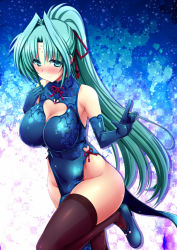 Rule 34 | 1girl, black thighhighs, blush, breasts, china dress, chinese clothes, cleavage, cleavage cutout, clothing cutout, dress, female focus, green eyes, green hair, groin, heart cutout, large breasts, lindy harlaown, long hair, lyrical nanoha, mahou shoujo lyrical nanoha, matching hair/eyes, no panties, open mouth, ponytail, shiwo, solo, thighhighs
