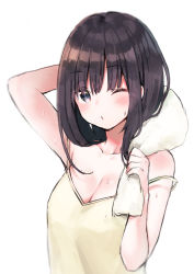 Rule 34 | 1girl, arm up, bare arms, bare shoulders, black hair, blush, breasts, brown camisole, camisole, cleavage, closed mouth, collarbone, commentary request, grey eyes, hand up, long hair, looking at viewer, medium breasts, midorikawa you, one eye closed, original, simple background, solo, strap slip, sweat, towel, towel around neck, upper body, white background