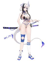 Rule 34 | 1girl, ankle boots, bare shoulders, boots, breasts, closed mouth, fingernails, full body, gg dal, hair over shoulder, highleg, highleg leotard, highres, horns, katana, large breasts, leotard, looking at viewer, multicolored hair, multiple swords, nail polish, navel, original, purple nails, scabbard, sheath, sheathed, single sock, socks, solo, standing, sword, tail, toeless footwear, transparent leotard, two-tone hair, weapon, white hair, white socks