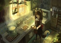 Rule 34 | 1girl, absurdres, animal, animal ear fluff, animal ears, bird, black dress, black pantyhose, blush, bow, branch, brown eyes, brown hair, collared shirt, commentary request, curtains, cutting board, day, dress, faucet, food, hairband, highres, holding, indoors, knife, ladle, long hair, looking at viewer, original, pantyhose, parted lips, pot, red bow, shiabisu, shirt, short sleeves, sink, sleeveless, sleeveless dress, slippers, solo, standing, sunlight, tail, transparent, white footwear, white hairband, white shirt, window