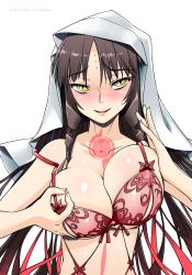 Rule 34 | 1girl, blush, bra, breasts, brown hair, chest tattoo, cleavage, facial mark, fate/extra, fate/grand order, fate (series), forehead mark, forehead tattoo, gradient hair, lace, lace-trimmed bra, lace trim, large breasts, lingerie, long hair, looking at viewer, multicolored hair, pink bra, pink hair, sessyoin kiara, smile, solo, takuteks, tattoo, underwear, veil, wavy hair, yellow eyes