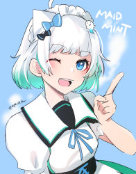 Rule 34 | 1girl, black bow, blue bow, bow, character name, copyright name, ghost hair ornament, gradient hair, green hair, hair behind ear, hair bow, head tilt, highres, indie virtual youtuber, juliet sleeves, kgr, long sleeves, maid, maid headdress, mint fantome, multicolored hair, one eye closed, open mouth, pointing, pointing up, puffy sleeves, short hair, solo, virtual youtuber, white hair