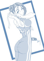 Rule 34 | 1990s (style), 1girl, absurdres, adjusting hair, alternate costume, ass, bare shoulders, blue theme, blunt-katana, bodysuit, bracelet, breasts, capcom, chun-li, cowboy shot, crop top, double bun, double vertical stripe, framed, from behind, from side, hair bun, hair down, hair ribbon, hairdressing, halterneck, highres, jewelry, large breasts, looking at viewer, looking back, monochrome, mouth hold, outline, retro artstyle, ribbon, short hair, side bun, single side bun, skin tight, sleeveless, solo, spiked bracelet, spikes, standing, street fighter, street fighter zero (series), taut clothes, turtleneck, unitard, vest