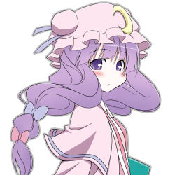 Rule 34 | 1girl, blush, bow, crescent hat ornament, female focus, hat, hat ornament, long hair, patchouli knowledge, pink bow, purple eyes, purple hair, solo, souto, touhou