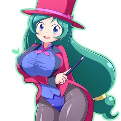 Rule 34 | 1girl, a-ktoo, arm behind back, black pantyhose, blue eyes, blue leotard, blue shirt, blush, breasts, breasts out, collared shirt, cowboy shot, creatures (company), earrings, formal, francesca (pokemon), game freak, gen 4 pokemon, green hair, hat, hat ribbon, heart, huge breasts, jacket, jewelry, leotard, leotard under clothes, long hair, long sleeves, looking at viewer, magician, necklace, nintendo, open mouth, pantyhose, pink headwear, pink jacket, pink neckwear, pokemon, pokemon (anime), pokemon dp070, pokemon dppt (anime), ribbon, shirt, simple background, smile, suit, tailcoat, top hat, very long hair, wand, white background, yellow ribbon