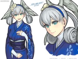 Rule 34 | 1girl, alternate costume, blue eyes, blue kimono, blush, breasts, flower, gofelem, hair flower, hair ornament, hairband, head wings, japanese clothes, kimono, looking at viewer, medium breasts, melia antiqua, multiple views, obi, sash, silver hair, smile, upper body, wings, xenoblade chronicles (series), xenoblade chronicles 1