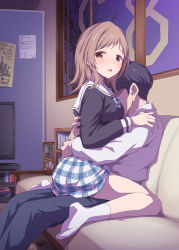 Rule 34 | :o, bare legs, between breasts, blush, breasts, brown hair, couch, embarrassed, faceless, faceless male, formal, head between breasts, highres, hug, idolmaster, idolmaster shiny colors, indoors, looking afar, marugoshi (54burger), medium hair, night, office, on couch, plaid, plaid skirt, pleated skirt, producer (idolmaster), sakuragi mano, school uniform, sitting, sitting on person, skirt, sweatdrop, television, wariza, window, wrist cuffs