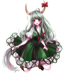 Rule 34 | 1girl, 299 (horisso), brown footwear, collarbone, dress, ex-keine, fang, full body, green dress, green hair, horn ornament, horns, kamishirasawa keine, long hair, looking at viewer, open mouth, petticoat, puffy short sleeves, puffy sleeves, red eyes, short sleeves, simple background, solo, touhou, very long hair, white background