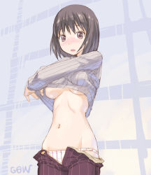 Rule 34 | 1girl, bad id, bad pixiv id, black eyes, black hair, blush, breasts, brown eyes, brown hair, large breasts, looking at viewer, navel, no bra, open mouth, open pants, pants, short hair, signature, solo, surprised, sweater, tougetsu gou, underboob, undressing, zipper