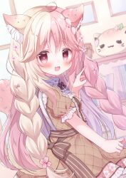 Rule 34 | 1girl, :3, animal ears, blonde hair, blush, book, bookshelf, bow, braid, cat ears, cat girl, cat tail, cherry blossoms, commission, floral print, flower, food-themed hair ornament, frilled shirt collar, frilled sleeves, frills, gem, hair flower, hair ornament, hanasakichu, heart, heart-shaped pupils, highres, indie virtual youtuber, indoors, long hair, looking at viewer, looking back, multicolored hair, neck ribbon, open mouth, original, pearl (gemstone), pink eyes, pink hair, pointing, puffy short sleeves, puffy sleeves, ribbon, sash, shelf, short sleeves, skeb commission, smile, solo, split-color hair, sprinkles, strawberry hair ornament, striped bow, striped ribbon, stuffed animal, stuffed cat, stuffed toy, symbol-shaped pupils, tail, tail ornament, twin braids, two-tone hair, very long hair, virtual youtuber, whipped cream