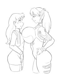 Rule 34 | 2girls, alternate breast size, asymmetrical docking, bodysuit, breast press, breasts, face-to-face, from side, half-closed eyes, hands on own hips, highres, huge breasts, jacket, katsuragi misato, legs, long hair, looking at another, monochrome, multiple girls, neon genesis evangelion, open clothes, open jacket, sideboob, sketch, small breasts, smile, souryuu asuka langley, thick thighs, thighs, twintails