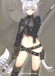 Rule 34 | 10s, 1girl, animal ears, belt, belt skirt, blue eyes, boots, cat ears, cat girl, cat tail, censored, convenient censoring, facial mark, final fantasy, final fantasy xiv, gloves, halberd, highres, knee boots, mikazuki akira!, miqo&#039;te, navel, no panties, polearm, pussy juice, short hair, solo, tail, weapon, white hair, zoom layer