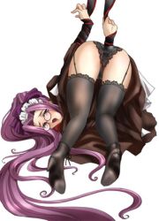 Rule 34 | 00s, 1girl, arms behind back, ass, bdsm, bent over, blush, bondage, bound, fate/hollow ataraxia, fate/stay night, fate (series), garter straps, glasses, high heels, lace, lace-trimmed legwear, lace trim, long hair, maid, medusa (fate), medusa (rider) (fate), panties, runo (rubyfruit), shoes, solo, thighhighs, top-down bottom-up, underwear, very long hair