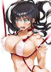 Rule 34 | 1girl, bare arms, bare shoulders, bikini, black hair, blue eyes, blush, bow, breast lift, breasts, choker, covered erect nipples, earrings, jewelry, kanojo (ogino atsuki), large breasts, long hair, motion lines, navel, open mouth, original, red bow, red neckwear, rei no himo, ribbon, simple background, solo, star (symbol), star earrings, stomach, swimsuit, tareme, upper body, white background, white bikini, yanyo (ogino atsuki)