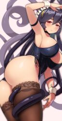 Rule 34 | 1girl, absurdres, alternate costume, arm up, armlet, armpits, ass, blush, breasts, choker, cowboy shot, filia (skullgirls), highres, lace, lace-trimmed legwear, lace trim, large breasts, leotard, looking at viewer, looking down, playboy bunny, prehensile tail, purple hair, rank alee, red eyes, samson (skullgirls), skullgirls, slit pupils, smile, solo, sweat, tail, thick thighs, thighhighs, thighs, twisted torso, wrist cuffs