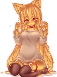 Rule 34 | 1girl, animal ears, bare shoulders, breasts, choker, collar, curss, fox ears, highres, leggings, long hair, looking at viewer, medium breasts, open clothes, solo, sweater, very long hair