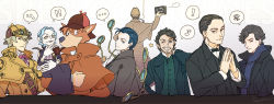 Rule 34 | !, !!, ..., 6+boys, ace attorney, artist request, benedict cumberbatch, black hair, blonde hair, blue hair, book, character name, cloak, commentary request, copyright request, crossover, fate/grand order, fate (series), fingers together, formal, from behind, furry, furry male, hat, herlock sholmes, holding, holding smoking pipe, jeremy brett, male focus, meitantei holmes, multiple boys, multiple crossover, musical note, name connection, pipe in mouth, robert downey jr., sherlock (bbc), sherlock holmes, sherlock holmes (1984 tv series), sherlock holmes (fate), sherlock holmes (meitantei holmes), sherlock holmes (movie), sherlock holmes (sherlock), signature, smoking pipe, spoken ellipsis, spoken exclamation mark, spoken musical note, spoken squiggle, squiggle, suit, the adventures of sherlock holmes, the great ace attorney, the great ace attorney: adventures, tuxedo, ventriloquist dummy, white background, yellow eyes