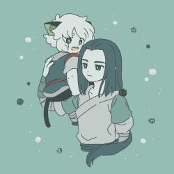 Rule 34 | 2boys, animal ears, aqua background, aqua theme, arm up, black hair, cat boy, cat ears, cat tail, child, long hair, luo xiaohei, luo xiaohei (human), luo xiaohei zhanji, multiple boys, short hair, short sleeves, simple background, sirakaro, sitting on shoulder, tail, very long hair, white hair, wuxian (the legend of luoxiaohei)