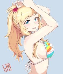 Rule 34 | 10s, 1girl, :p, arms up, bikini, blonde hair, blue background, blue eyes, bowieknife, breasts, flower, from side, hair flower, hair ornament, halterneck, idolmaster, idolmaster cinderella girls, long hair, looking at viewer, multicolored bikini, multicolored clothes, o-ring, o-ring top, ohtsuki yui, ponytail, sideboob, sidelocks, simple background, solo, string bikini, striped bikini, striped clothes, swimsuit, tongue, tongue out