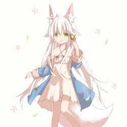 Rule 34 | 1girl, animal ear fluff, animal ears, blue coat, bug, butterfly, butterfly on hand, coat, collarbone, cowboy shot, dress, fox ears, fox girl, fox tail, green eyes, hair between eyes, hair over shoulder, halterneck, hand up, highres, insect, long hair, long sleeves, looking at animal, open clothes, open coat, original, sasakura mix, short dress, simple background, sleeveless, solo, standing, tail, very long hair, white dress, white hair