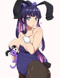 Rule 34 | 10s, 1girl, animal ears, aqua eyes, areola slip, bare shoulders, belly, blush, breasts, cleavage, colored inner hair, detached collar, fake animal ears, finger to mouth, heart, highres, large breasts, leotard, long hair, looking at viewer, moisture (chichi), multicolored hair, navel, panty &amp; stocking with garterbelt, pantyhose, pink hair, playboy bunny, plump, purple hair, rabbit ears, rabbit tail, simple background, solo, stocking (psg), stuffed animal, stuffed cat, stuffed toy, tail, thick thighs, thighs, two-tone hair, wrist cuffs