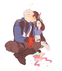 Rule 34 | 1boy, 1girl, armor, bodysuit, boots, brown hair, commentary, confetti, cup, d.va (overwatch), closed eyes, facepaint, facial mark, gloves, happy, headphones, hetero, holding, holding cup, holster, indian style, jacket, kiss, kissing cheek, knee boots, kneeling, long hair, long sleeves, mask, mug, no mask, overwatch, overwatch 1, pants, pauldrons, pilot suit, red gloves, ribbed bodysuit, scar, scar across eye, scar on face, short hair, shoulder armor, shoulder pads, simple background, sitting, smile, soldier: 76 (overwatch), teeth, thigh strap, turtleneck, wazo, whisker markings, white background, white hair