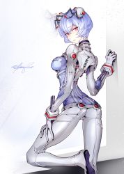 Rule 34 | 10s, 1girl, 2016, adapted costume, arched back, artist name, ass, ayanami rei, back, blue bodysuit, blue hair, bodysuit, boots, breasts, butt crack, closed mouth, clothes writing, crotch seam, eyebrows, fishine, gloves, hair ornament, headgear, interface headset, looking at viewer, looking back, neon genesis evangelion, pilot suit, plugsuit, rebuild of evangelion, red eyes, reflection, short hair, signature, solo, strap gap, test plugsuit, wrist cuffs