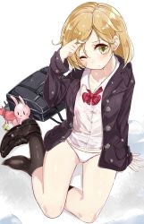 Rule 34 | 10s, 1girl, absurdres, bag, bandaid, bandaid on face, bell, black footwear, black socks, blonde hair, bow, bowtie, twirling hair, hamaken. (novelize), highres, jacket, jingle bell, kantai collection, kneehighs, loafers, long sleeves, looking at viewer, no pants, oboro (kancolle), panties, playing with own hair, red bow, red bowtie, school bag, school uniform, shirt, shoes, short hair, simple background, single shoe, sitting, socks, solo, stuffed animal, stuffed toy, underwear, white background, white panties, white shirt, yellow eyes