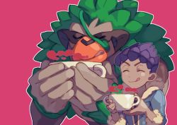 Rule 34 | 1boy, :q, bad id, bad pixiv id, closed eyes, closed mouth, commentary request, creatures (company), cup, dark-skinned male, dark skin, fur-trimmed jacket, fur trim, game freak, gen 8 pokemon, highres, holding, holding cup, hop (pokemon), jacket, komame (st beans), male focus, nintendo, outline, pink background, pokemon, pokemon (creature), pokemon swsh, purple hair, rillaboom, shirt, short hair, simple background, smile, tongue, tongue out