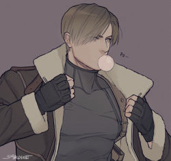 Rule 34 | 1boy, blowing bubbles, fingerless gloves, gloves, grey shirt, jacket, large pectorals, leon s. kennedy, looking to the side, lowres, male focus, muscular, muscular male, open clothes, open jacket, parted bangs, pectorals, resident evil, resident evil 4, sardine (kjr0313), shirt, short hair, solo, tight clothes, tight shirt, upper body
