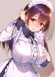 Rule 34 | 1girl, apron, blush, breasts, brown eyes, brown hair, hand in own hair, hand on own chest, huge breasts, impossible clothes, long hair, looking at viewer, maid, maid headdress, nanase meruchi, nose blush, open mouth, original, ribbon, shadow, shiny skin, simple background, tight clothes
