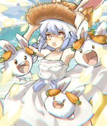Rule 34 | :d, :o, adjusting clothes, adjusting headwear, animal ears, armpits, arms up, beach, blue hair, braid, carrot, carrot hair ornament, chromatic aberration, cowboy shot, dress, eat some cookie, food-themed hair ornament, gradient hair, hair between eyes, hair ornament, hat, hikimayu, hololive, looking at viewer, multicolored hair, pekomon (usada pekora), ocean, open mouth, orange eyes, rabbit ears, rabbit girl, shaded face, short eyebrows, sky, sleeveless, sleeveless dress, smile, straw hat, sun hat, sundress, symbol-shaped pupils, teeth, thick eyebrows, twin braids, upper teeth only, usada pekora, v-shaped eyebrows, virtual youtuber, white dress, white hair
