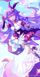 Rule 34 | 1girl, :d, absurdres, artist name, bare shoulders, blue sky, breasts, chinese commentary, chinese text, cloud, cloudy sky, commentary request, dress, gloves, hair between eyes, hair ornament, hairband, highres, honkai (series), honkai impact 3rd, long hair, looking at viewer, open mouth, purple gloves, purple hair, sirin, sirin (miracle magical girl), sky, smile, solo, symbol-shaped pupils, v, very long hair, watermark, white dress, white paper is not paper, yellow eyes