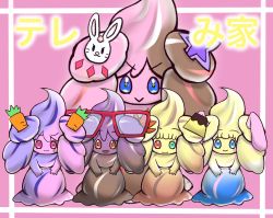 Rule 34 | :3, :d, alcremie, alcremie (other cream), alcremie (other sweet), carrot, closed mouth, commentary request, creature, creatures (company), crescent, game freak, gen 8 pokemon, glasses, heterochromia, highres, looking at viewer, nintendo, no humans, open mouth, pink background, pokemon, pokemon (creature), simple background, smile, standing, tom-radio