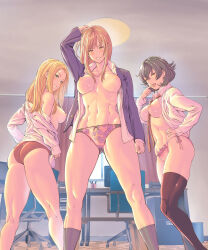Rule 34 | 3girls, ashiomi masato, breasts, highres, multiple girls, muscular, muscular female, nipples, panties, underwear
