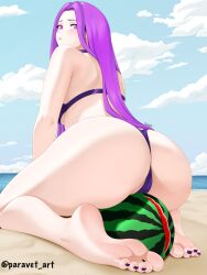 Rule 34 | 1girl, absurdres, ass, ass focus, bare legs, barefoot, beach, bikini, cameltoe, cleft of venus, closed mouth, cloud, cloudy sky, fate (series), feet, female focus, food, from behind, fruit, highres, lips, long hair, looking at viewer, looking back, medusa (fate), nail polish, outdoors, paravet, partially visible vulva, purple bikini, purple eyes, purple hair, purple nails, sand, seiza, shore, sitting, sky, soles, solo, swimsuit, thick thighs, thighs, toenail polish, toenails, toes, very long hair, water, watermelon