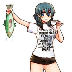 Rule 34 | 1girl, animal, blue eyes, blue hair, byleth (female) (fire emblem), byleth (fire emblem), clothes writing, commentary, cup, dripping, english text, fire emblem, fire emblem: three houses, fish, holding, holding animal, holding fish, kataro, long hair, meme, nintendo, pinky out, profanity, shirt, shorts, simple background, solo, t-shirt, teacup, white shirt