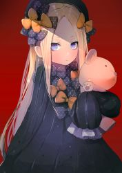 Rule 34 | 1girl, abigail williams (fate), bad id, bad pixiv id, black bow, black dress, black hat, blonde hair, blue eyes, bow, bug, butterfly, closed mouth, commentary request, dress, fate/grand order, fate (series), hair bow, hanato (seonoaiko), hands in opposite sleeves, hat, hugging object, insect, long hair, long sleeves, looking at viewer, orange bow, parted bangs, polka dot, polka dot bow, red background, simple background, solo, stuffed animal, stuffed toy, teddy bear, unmoving pattern, very long hair