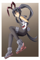 Rule 34 | 1girl, adapted costume, alto-00, anchor symbol, animal ears, black hair, black pantyhose, boots, breasts, brown eyes, fake animal ears, gloves, highres, kantai collection, leotard, long hair, looking at viewer, necktie, pantyhose, playboy bunny, ponytail, rabbit ears, rabbit tail, red eyes, red leotard, sailor collar, school uniform, shirt, sleeveless, sleeveless shirt, solo, tail, white gloves, wrist cuffs, yahagi (kancolle)