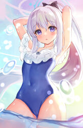 Rule 34 | 1girl, armpits, arms up, black bow, blue archive, blue halo, blue one-piece swimsuit, blurry, blush, bow, cameltoe, commentary request, cowboy shot, depth of field, double-parted bangs, eyelashes, eyes visible through hair, floating hair, frilled one-piece swimsuit, frills, gluteal fold, grey hair, hair between eyes, hair bow, halo, highres, long hair, looking at viewer, miyako (blue archive), one-piece swimsuit, parted lips, ponytail, purple eyes, school swimsuit, shiki samapoke, sidelighting, simple background, solo, standing, swimsuit, very long hair, wading, water, water drop, wet, wet clothes, wet swimsuit