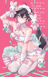 1boy ahoge aqua_bow aqua_ribbon arm_up artist_name belt between_legs black_hair black_tail blush bow collar collarbone commentary_request commission crossdressing crossed_bangs dated ear_piercing english_text eyelashes full_body gradient_hair hair_between_eyes hand_between_legs highres kneeling legs_together lingerie maid_headdress male_focus microskirt mole mole_under_mouth multicolored_hair no_shoes original over-kneehighs piercing pillow pink_background pink_belt pink_bow pink_eyes pink_hair potti-p ribbon ribbon_trim shadow short_hair sidelocks signature simple_background skeb_commission skirt solo stuffed_animal stuffed_rabbit stuffed_toy tail thigh_strap thighhighs thighs trap underwear white_collar white_thighhighs