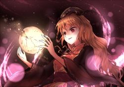 Rule 34 | 1girl, bad id, bad twitter id, broken moon, chinese clothes, dress, evil smile, glowing, hat, junko (touhou), long hair, long sleeves, minust, moon, orange hair, red eyes, smile, solo, tabard, touhou, turtleneck, upper body, wide sleeves