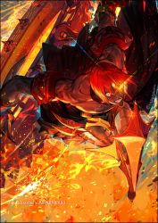Rule 34 | 1boy, armor, ashwatthama (fate), aura, bare back, bare shoulders, character name, copyright name, dark-skinned male, dark skin, dynamic pose, fate/grand order, fate (series), fighting stance, fire, from above, full body, glowing, glowing armor, glowing eye, gradient hair, highres, holding, holding weapon, huge weapon, kazeto, looking to the side, male focus, medium hair, multicolored hair, muscular, oversized object, pectorals, red hair, shine, smile, solo, teeth, topless male, weapon, wheel, yellow eyes