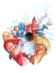 Rule 34 | 1girl, 2boys, alex ross, black hair, blonde hair, blue dress, bracelet, china dress, chinese clothes, dougi, dress, fighting stance, hadouken, highres, jewelry, ken masters, kicking, multiple boys, muscular, muscular male, pantyhose, puffy sleeves, ryu (street fighter), simple background, sleeveless, spiked bracelet, spikes, street fighter, street fighter ii (series), thick thighs, thighs, white background