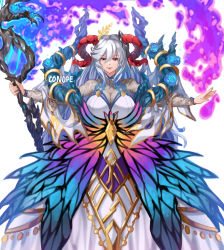 Rule 34 | 1girl, artist name, blue flower, blue hair, breasts, cleavage, conope, dress, fire emblem, fire emblem heroes, flower, freyja (fire emblem), gradient hair, holding, holding staff, horns, large breasts, long hair, multicolored hair, nintendo, red eyes, silver hair, solo, staff